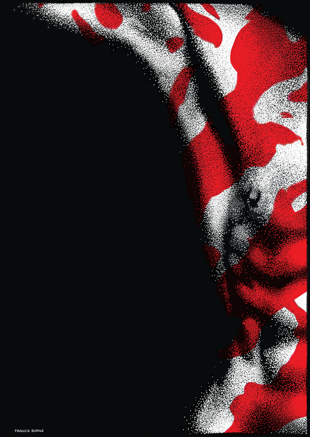 Image of 'Apollo': Semi-abstract painting rendered in white and red ink on a black background.