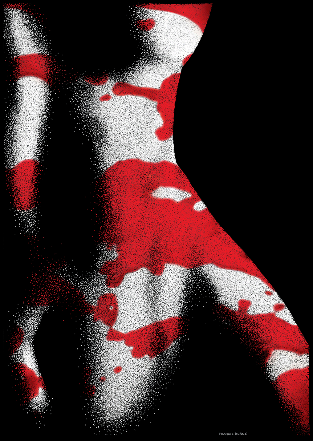 Image of 'Erato': Semi-abstract painting rendered in white and red ink on a black background.
