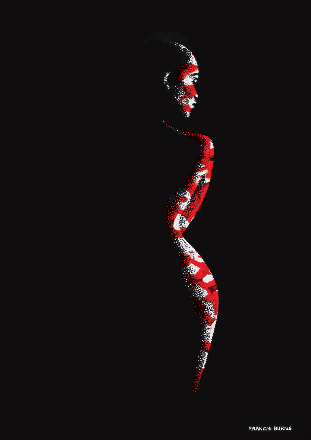 Black and white and red pen and ink painting of rear view of beautiful naked girl.