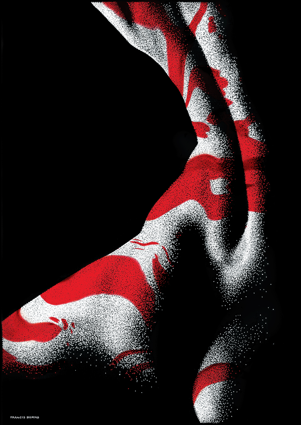 Image of 'Terpsichore': Semi-abstract painting rendered in white and red ink on a black background.